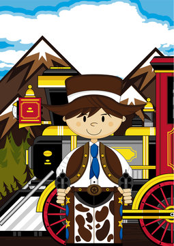 Cute Cartoon Wild West Cowboy and Train