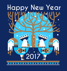 Xmas greeting card with two beautiful ethnic cocks and winding tree. Vector illustration of rooster, symbol of 2017 on the Chinese calendar. 