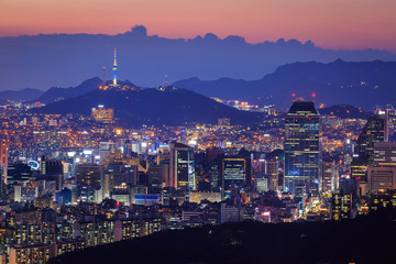 Seoul City at Night with Seoul Tower, South Korea