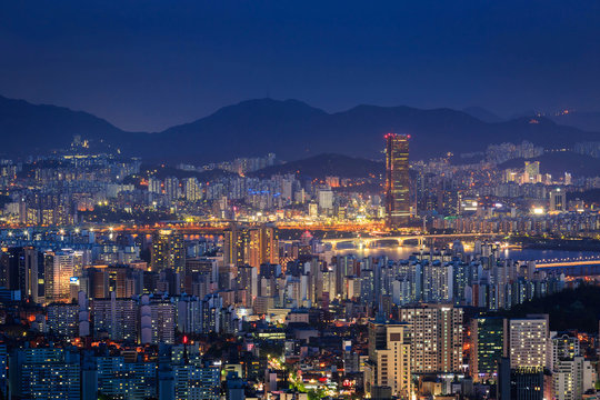 Skyscraper of Seoul city skyline at night, South Korea