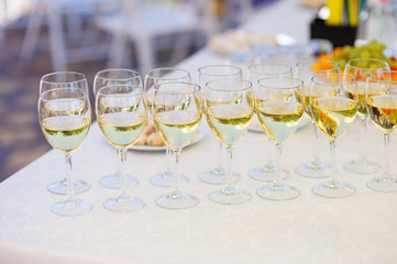 champagne glasses on the table for the wedding buffet