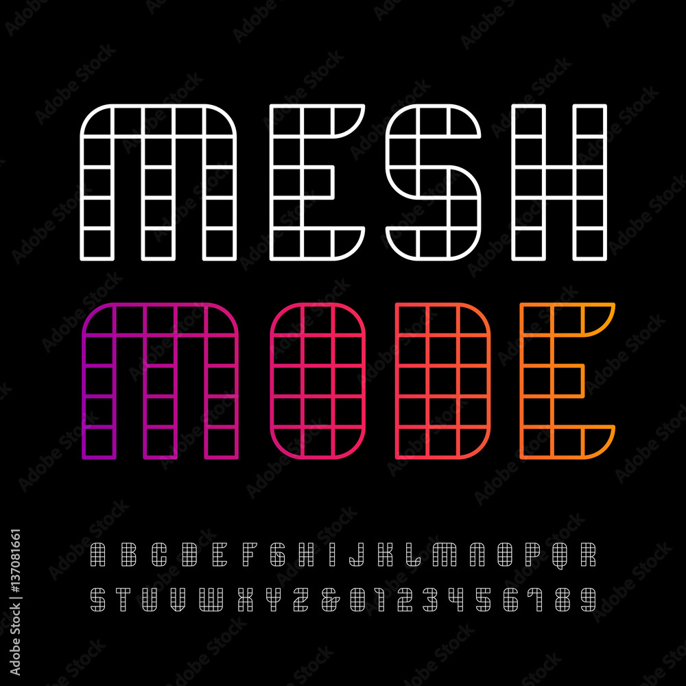 Poster Linear font. Vector alphabet with mesh effect letters and number
