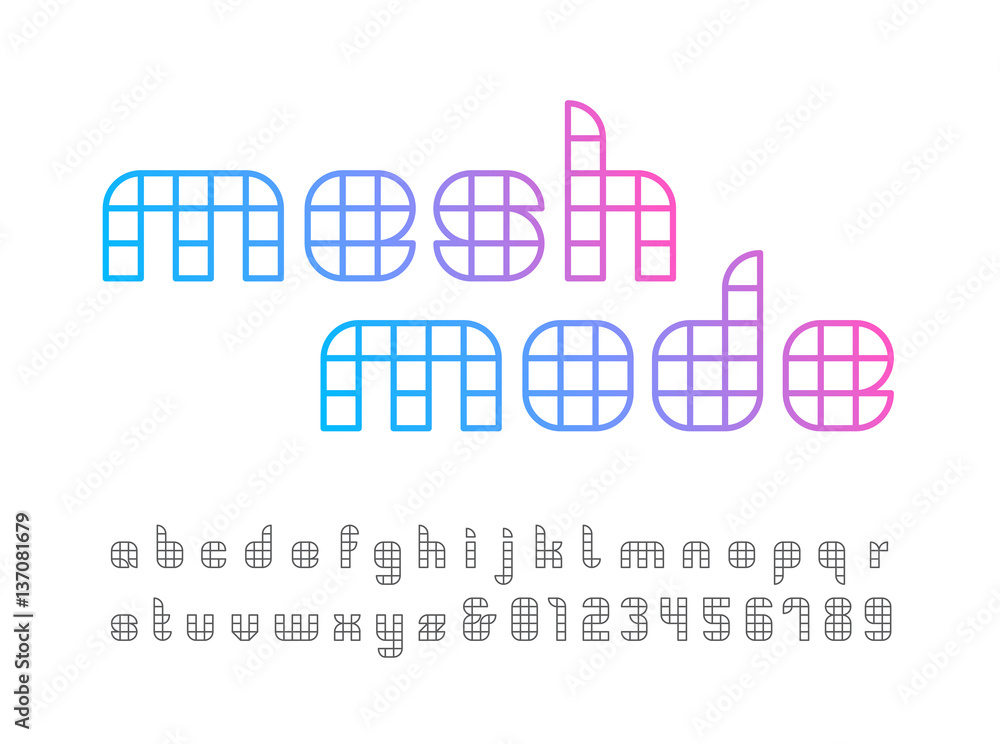 Poster Linear font. Vector alphabet with mesh effect letters and number