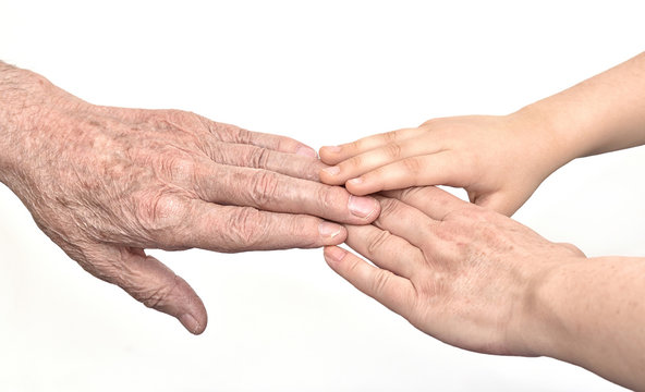 Hands of three generations - old man, woman and child