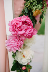 decoration of cute pink roses, peonies and green leafs