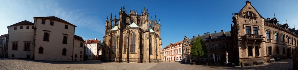Fototapeta na wymiar panoramic view of beautiful cathedral and buildings in Prague