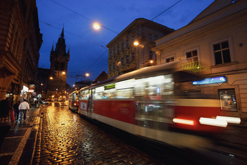 tram rides along the main street of the old city
