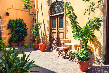 Beautiful street in Chania, Crete island, Greece.