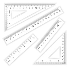 Ruler And Triangles Vector. Centimeter And Inch. Simple School Measurement Tool Equipment Illustration Isolated On White Background. Several Instruments Variants, Proportional Scaled.