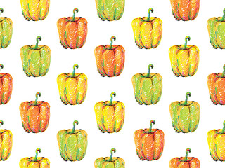 Sweet pepper. Seamless pattern with yellow, red and green peppers vector background. Perfect for wallpapers, pattern fills, web page backgrounds, surface textures, textile