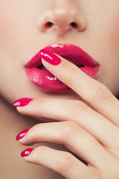 Makeup Pink Lip Gloss and Manicure Nails, Face Closeup