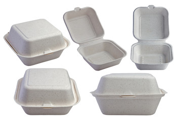 Set of Opened and Closed Kraft Burger Box. A white food box, packaging for hamburger, lunch, fast food, burger and sandwich, isolated on white background with clipping path.