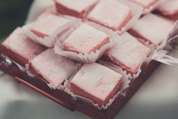 Rose turkish delight, lokum sweets closeup