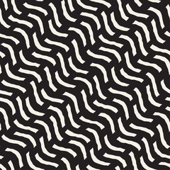 Hand Drawn Scattered Wavy Lines Monochrome Texture. Vector Seamless Black and White Pattern