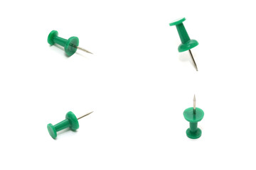 Collection set of green push pin isolated on white background