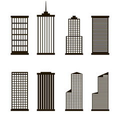 Skyscraper offices flat business buildings set. Black isolated on white.