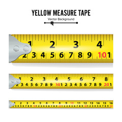 Yellow Measure Tape Vector. Measure Tool Equipment In Inches. Several Variants, Proportional Scaled.