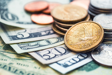 Still Life with cash dollars and cents US.