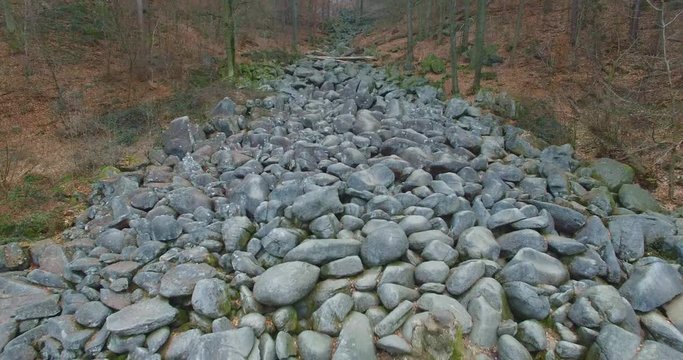 A drone flight over a rocky landscape called Felsenmeer. Located in south Hessia Germany.