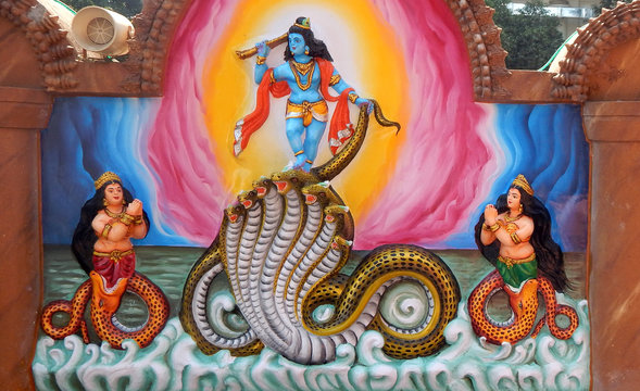 Wall art of Sri Krishna dancing on snake kaliya,which came to kill him, as in Mahabharata in temple 