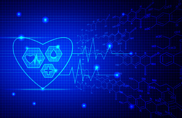 Blue abstract vector background for medical concept. Heartbeat and chemical bond vector background