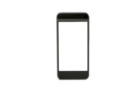 Isolated black mobile phone with blank white screen on white background