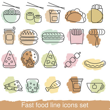 fast food line icons set