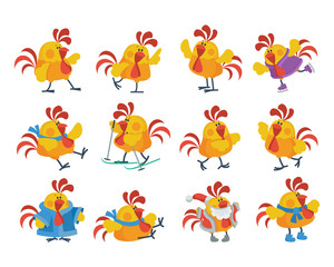Cute Cartoon Roosters Flat Vector Icon Set