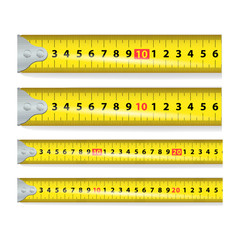 Yellow Measure Tape Vector. Measure Tool Equipment In Centimeters. Several Variants, Proportional Scaled.