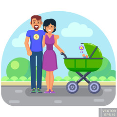 Happy young family with a baby in stroller walking in Park concept flat vector illustration. Vector files, fully editable.