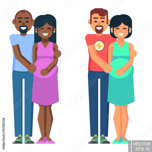 "Pregnant woman with husband isolated on white background Expecting