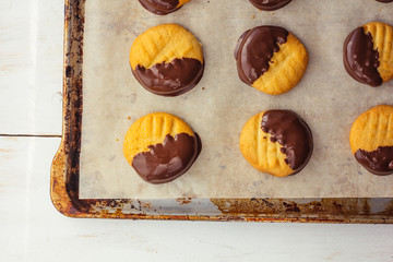 Shortbread cookies with chocolate top view