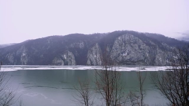 chunks of ice flowing on the Danube in Romania in the Cazanele Mari