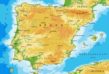 Spain physical map - obrazy, fototapety, plakaty