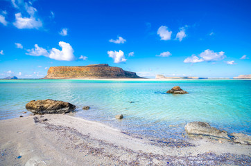 Amazing panorama of Balos Lagoon with magical turquoise waters, lagoons, tropical beaches of pure...