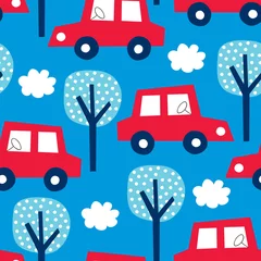 Tapeten Autos nahtloses rotes Auto mit blauem Hintergrundmuster-Vektorillustration