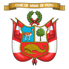 Vector illustration on theme Peruvian Coat of Arms, heraldic shield on national state flags - Emblem of Peru, on ribbon title text: coat of arms of peru, peruvian official heraldry, symbolic emblem. - obrazy, fototapety, plakaty