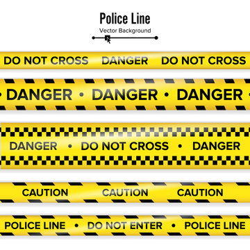 Yellow With Black Police Line. Do Not Cross, Danger, Caution. Danger Security Quarantine Tapes. Isolated On White Background. Vector Illustration