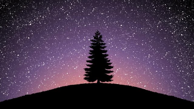 the universe rotating as a solo pine tree on the top of a hill silhouetted is in the foreground.