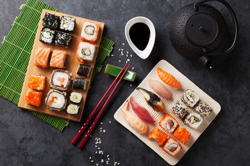 Set of sushi, maki and green tea