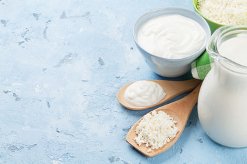 Dairy products on stone table