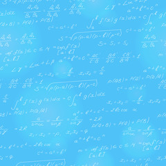 Seamless pattern on the theme of the subject of mathematics, formulas, theorems , light characters on a blue background