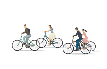Obraz premium The icon of cyclist. The woman is riding the bike. The man is riding the bike. Group of people is biking. Person rides bike. The elements of transport infrastructure. The concept of active life.