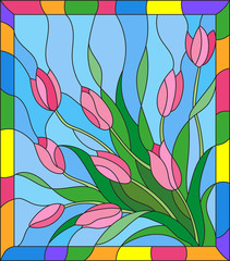 Illustration in stained glass style with a bouquet of tulipson a blue background in the frame