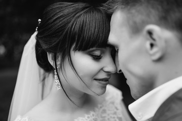 Wedding. Wedding day. Close-up of couple. Bride and groom look at each other. Bride and groom at wedding day. Black and white.