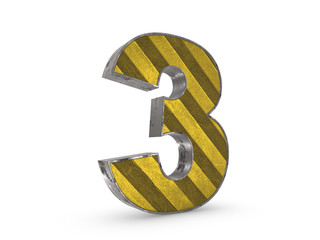 Number 3 - metallic yellow extruded number on white background 3D render