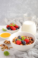 Homemade granola with fresh berries on white wooden background, selective focus, copy space