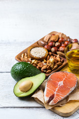 Selection of healthy fat sources food, life concept
