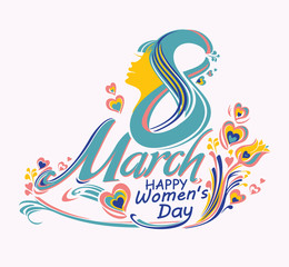 8 March. Vintage card with flower and hearts. Stylish vector illustration.