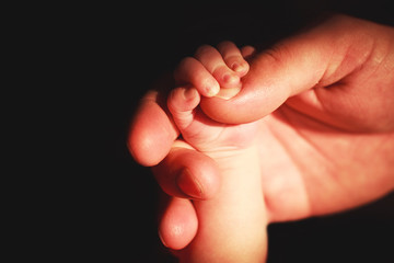 parent's hand holding newborn's hand
